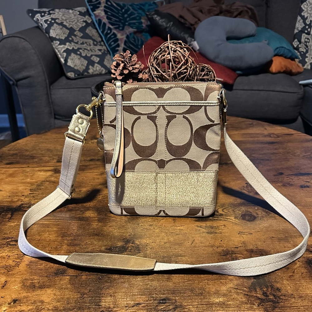 Coach Signature Monogram Crossbody Bag in Brown and Tan